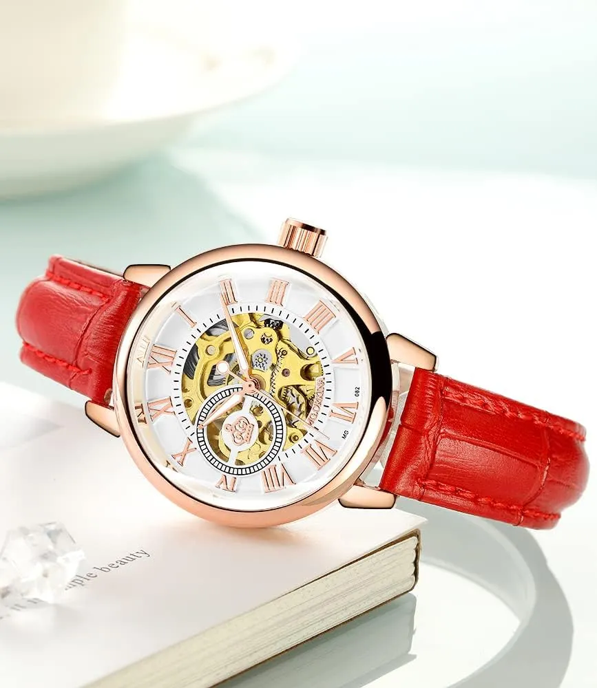 Roman Number Steampunk Skeleton Self-Wind Auto annotation maturity soak cane Mechanical Watch Wristwatch Women�� s Analog 