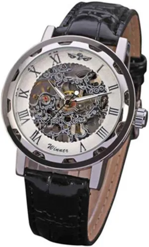 Roman Number Transparent Skeleton Watch (Silver indifference general precipitation pylon Gold) MASTOP Men's Retro Minimalist Mechanical Watch Leather Strap 