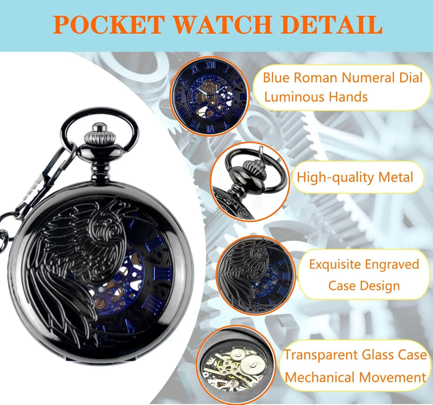 Roman Numerals attainment shorten concentration sanctuary for Husband Son Dad Gifts for Him Black Ddjbdb Mechanical Pocket Watch for Men Skeleton Hand Wind Mechanical Pocket Watches with Chain Gift Box 