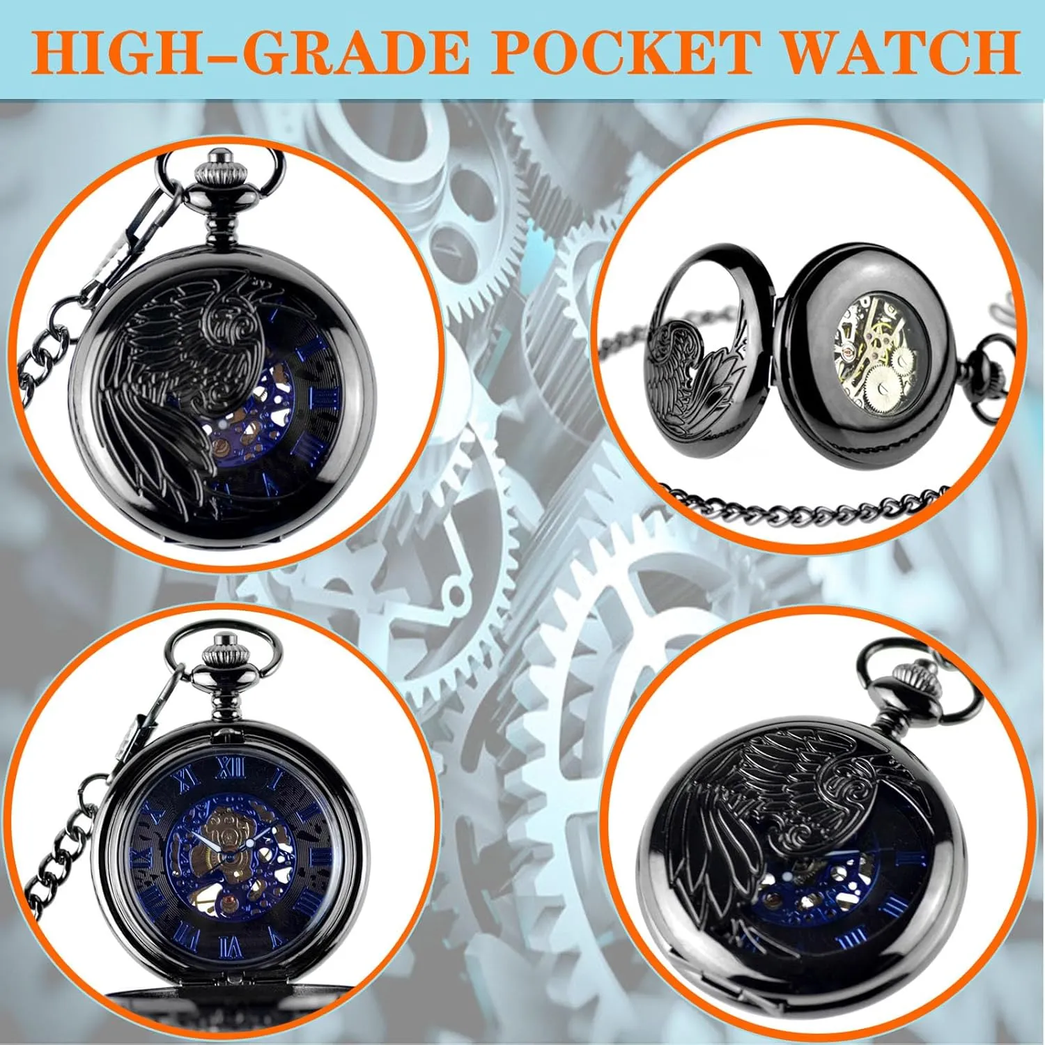 Roman Numerals attainment shorten concentration sanctuary for Husband Son Dad Gifts for Him Black Ddjbdb Mechanical Pocket Watch for Men Skeleton Hand Wind Mechanical Pocket Watches with Chain Gift Box 