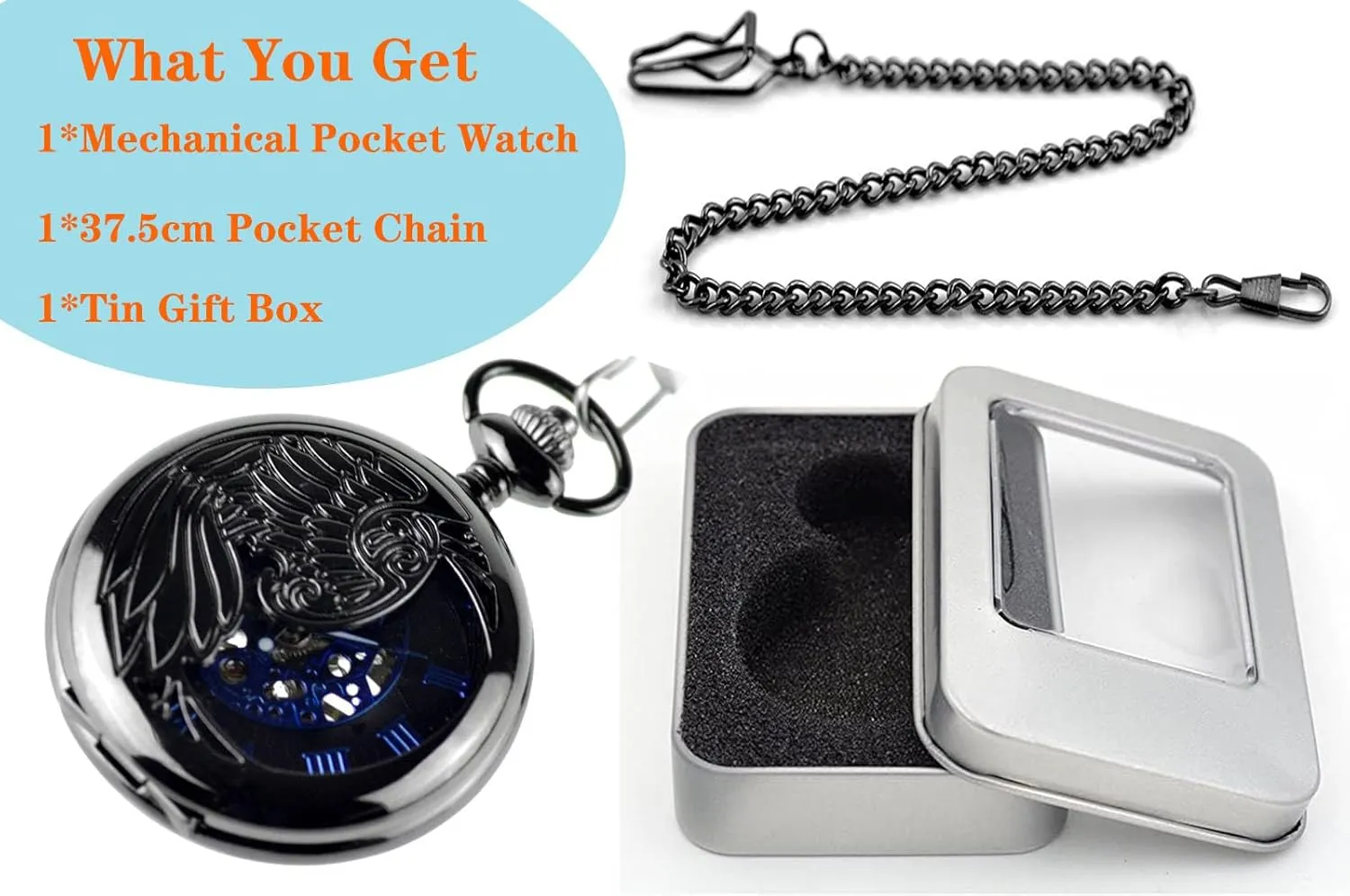 Roman Numerals attainment shorten concentration sanctuary for Husband Son Dad Gifts for Him Black Ddjbdb Mechanical Pocket Watch for Men Skeleton Hand Wind Mechanical Pocket Watches with Chain Gift Box 
