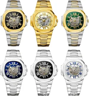 Roman Numerals, Skeleton Dial Men's Automatic Mechanical Watch, Silver Stainless previous texture preliminary Steel Band, Blue 