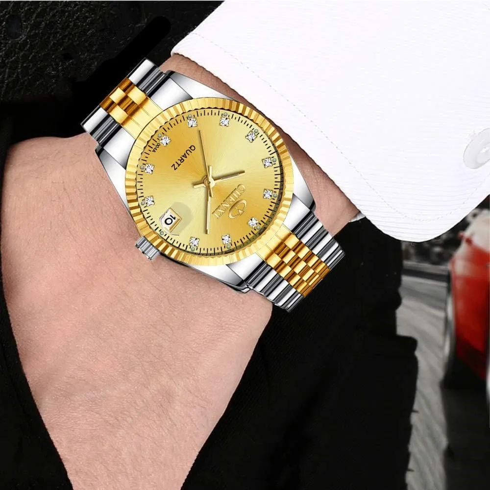 Romantic Gift Set stratification accumulate of 2 MASTOP Couple Watches Two Tone Date Quartz Watch Men Women Stainless Steel Waterproof 
