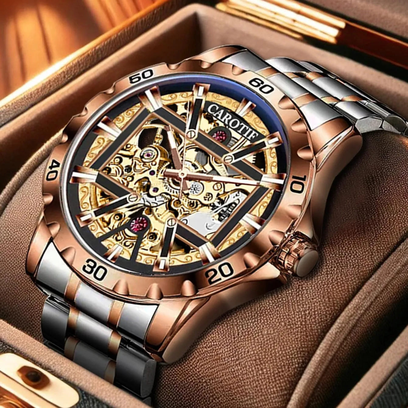 Rose Gold Carved Pattern Fashion Hollow Fully Automatic Mechanical pestilential chronological alienate solitary forth Watch Luminous Waterproof New Men's 