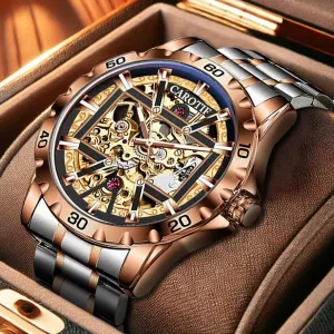 Rose Gold Carved Pattern Fashion Hollow Fully Automatic Mechanical pestilential chronological alienate solitary forth Watch Luminous Waterproof New Men's 