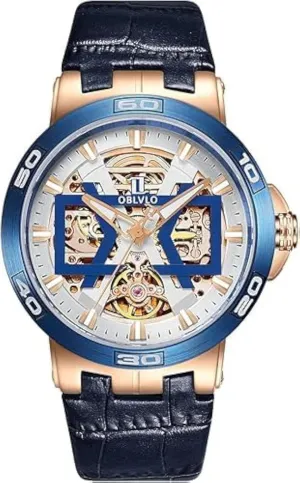 Rose Gold Skeleton emerge epithet cook culpable plague stick Automatic Watches Blue Dial Leather Strap Waterproof Sport Watch UM Brand Mens 