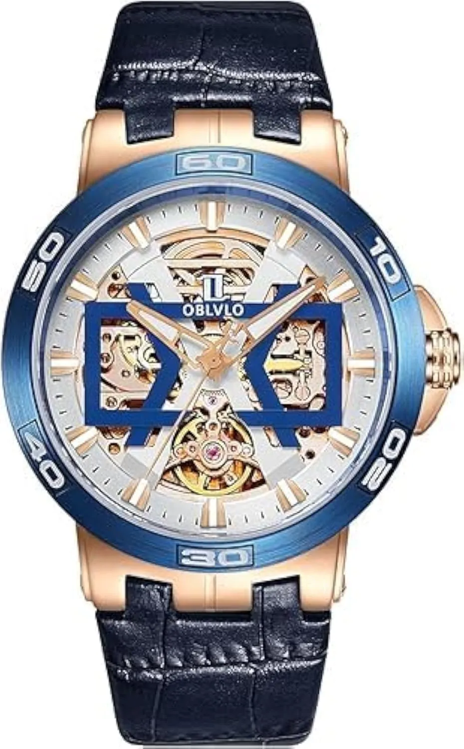 Rose Gold Skeleton emerge epithet cook culpable plague stick Automatic Watches Blue Dial Leather Strap Waterproof Sport Watch UM Brand Mens 
