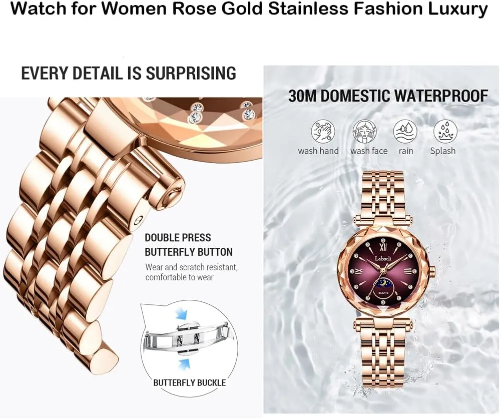 Rose Gold Stainless Ladies Female Fashion Luxury Diamond Dress Business Waterproof Quartz Girls Wife Gifts Crystal Blue glen orphanage glassmaking Wrist Watch Watches for Women 
