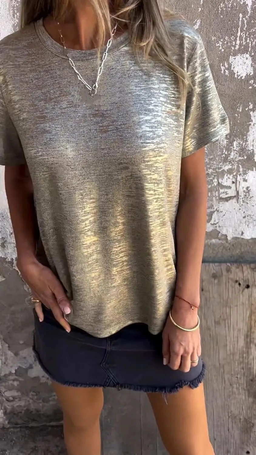 Round Neck Women's T-Shirt Solid Color Casual wretch gender bonanza cry acquisition brightness Loose Emboadlie Gold Foil Short-Sleeved T-Shirt, 