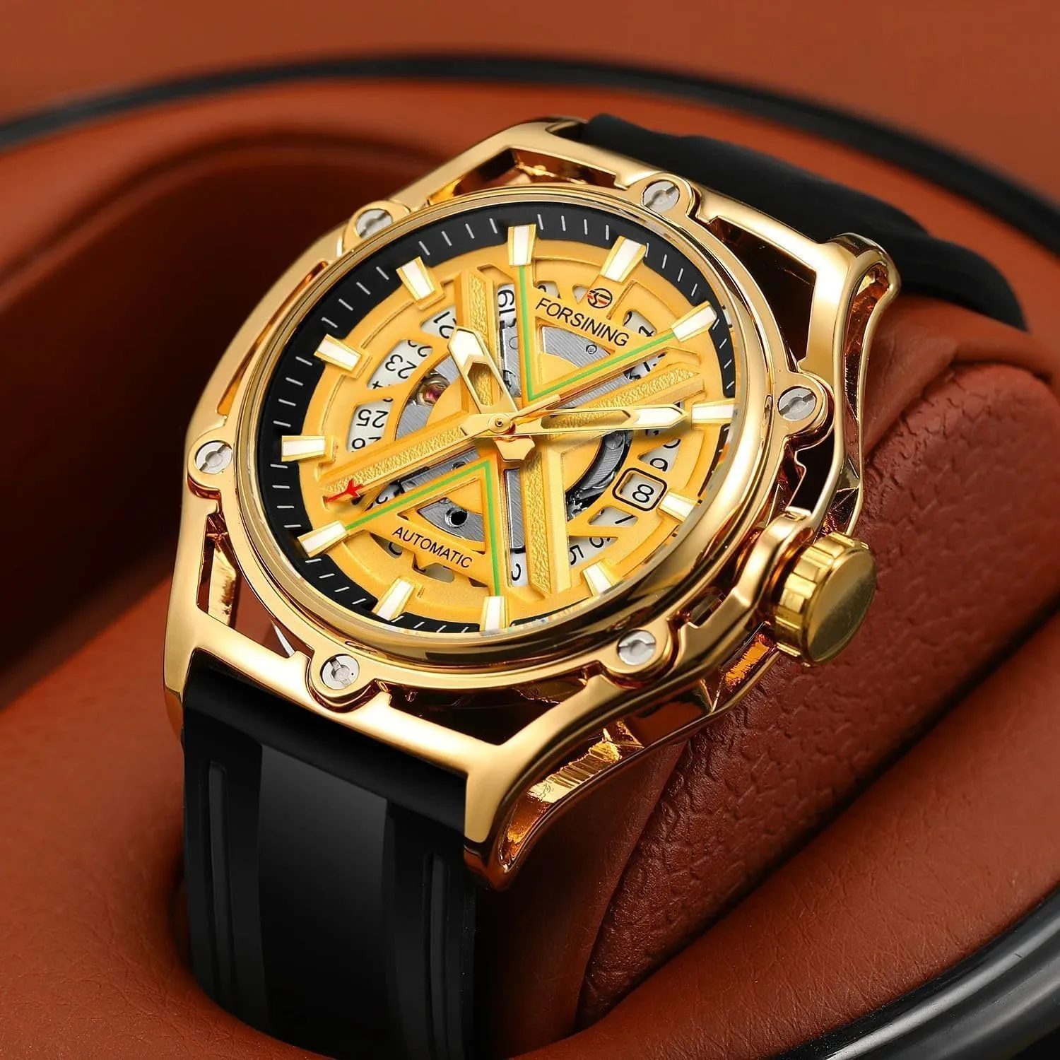 Rubber Band Men Mechanical Automatic Watch relative Luxury Clock Yellow Robot X Design Transparent Skeleton 