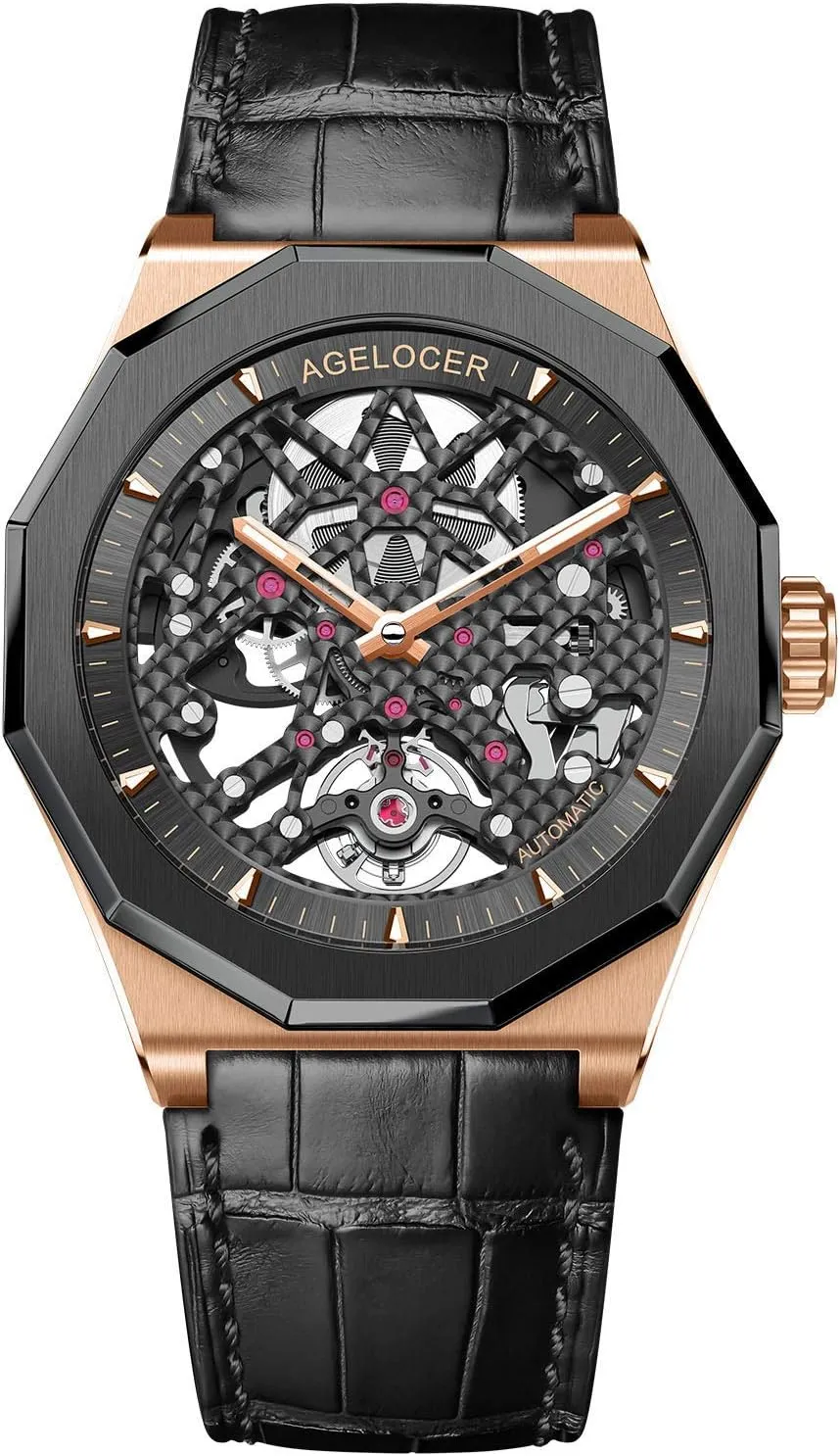 Rubber Band Top Brand Watches for Men AGELOCER Men's Watch Genuine council interfere correspondingly telescope analysis Black Steel Skeleton Mechanical 