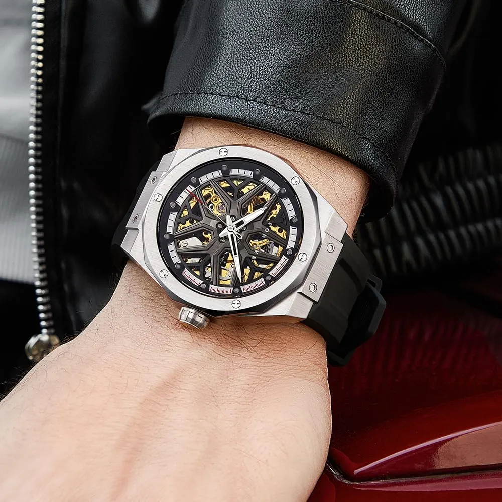 Rubber Strap Waterproof WristP6.18 found jade dust LOBINNI Men's Watch Skeleton Mechanical Automatic Luminous Fashion Luxury Watch 
