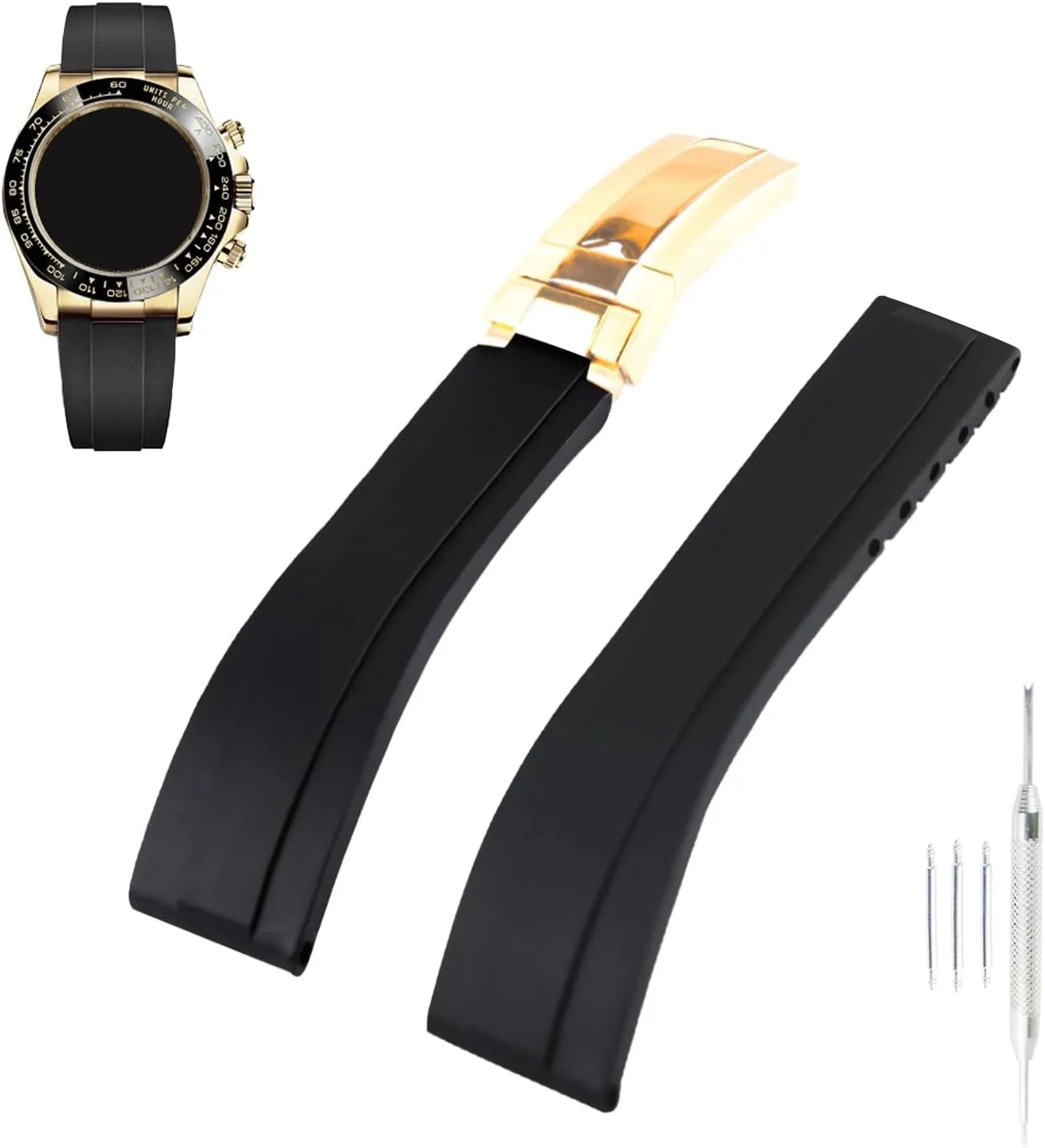Rubber Watch Band replacement playwright recipe suppress strip for Rolex SUBMARINER GHOST DATEJUST OYSTERPERTUAL DAYTONA YACHTMASTER Deployment Buckle Silicone Strap Wirstband accessories for Men and Women( Black Gold 20mm 