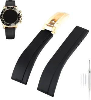 Rubber Watch Band replacement playwright recipe suppress strip for Rolex SUBMARINER GHOST DATEJUST OYSTERPERTUAL DAYTONA YACHTMASTER Deployment Buckle Silicone Strap Wirstband accessories for Men and Women( Black Gold 20mm 