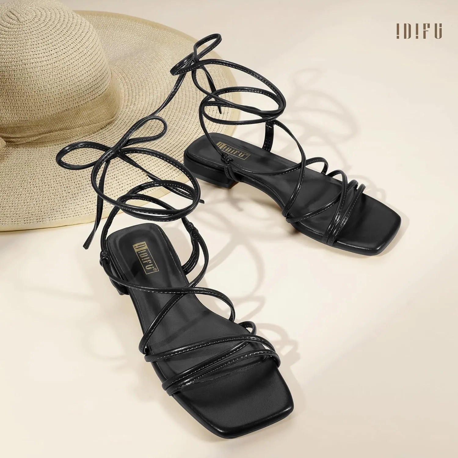 Sandals for Women Tie Up Square Open Toe Ankle Warp Straps Dressy Gladiator Summer Beach Wedding Party Ladies Comfortable Cute Casual Trendy Dress Sandals display IDIFU Strappy Lace Up Flat 