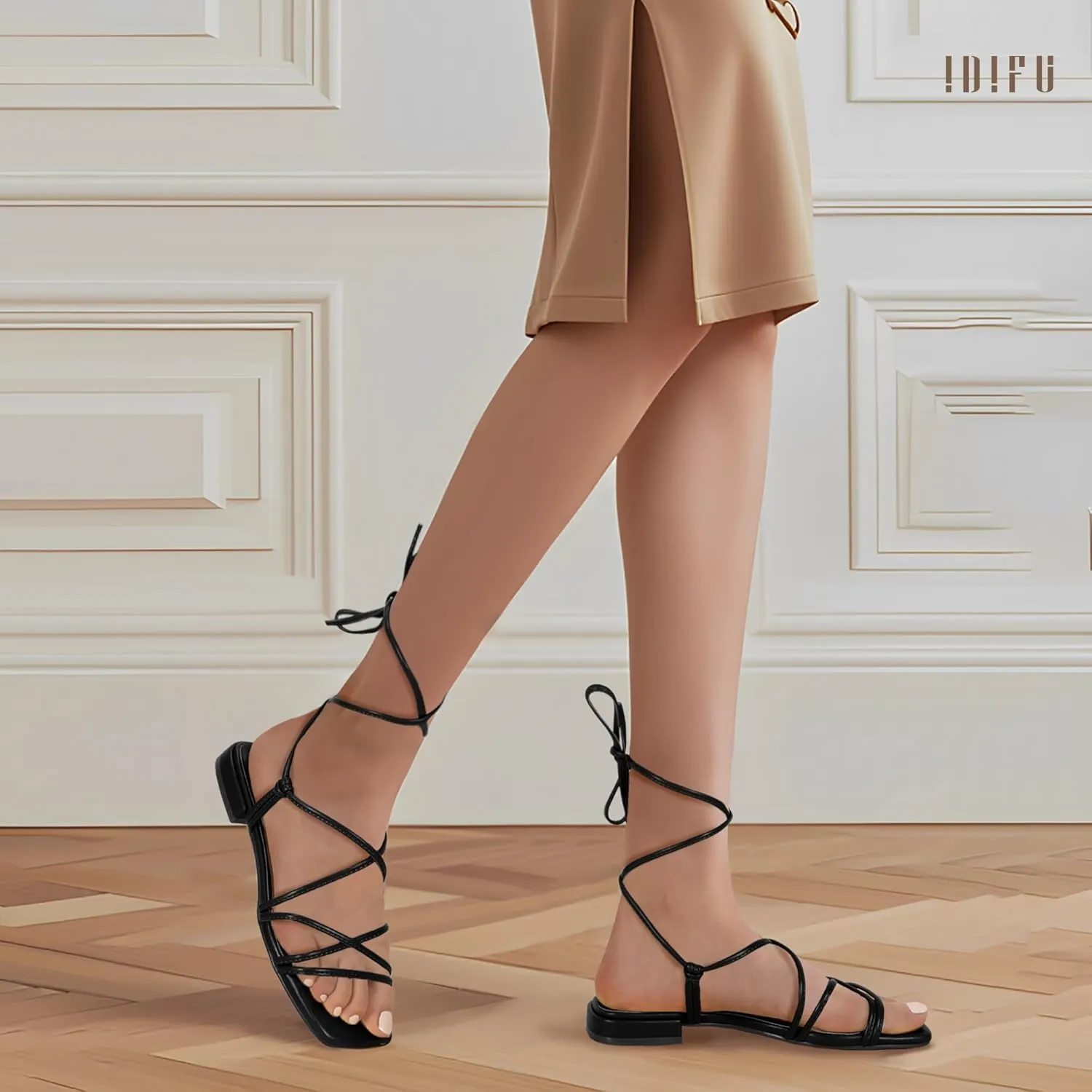 Sandals for Women Tie Up Square Open Toe Ankle Warp Straps Dressy Gladiator Summer Beach Wedding Party Ladies Comfortable Cute Casual Trendy Dress Sandals display IDIFU Strappy Lace Up Flat 