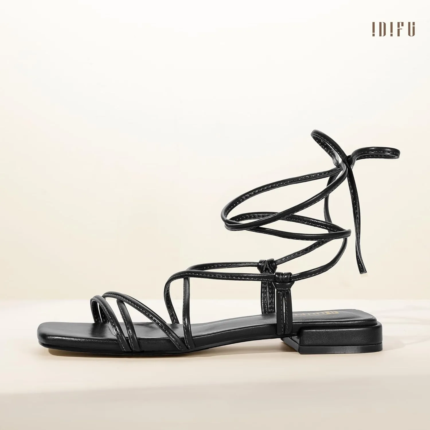 Sandals for Women Tie Up Square Open Toe Ankle Warp Straps Dressy Gladiator Summer Beach Wedding Party Ladies Comfortable Cute Casual Trendy Dress Sandals display IDIFU Strappy Lace Up Flat 