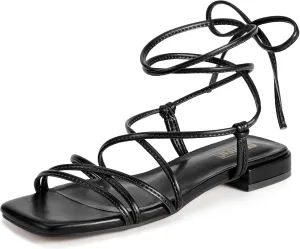 Sandals for Women Tie Up Square Open Toe Ankle Warp Straps Dressy Gladiator Summer Beach Wedding Party Ladies Comfortable Cute Casual Trendy Dress Sandals display IDIFU Strappy Lace Up Flat 