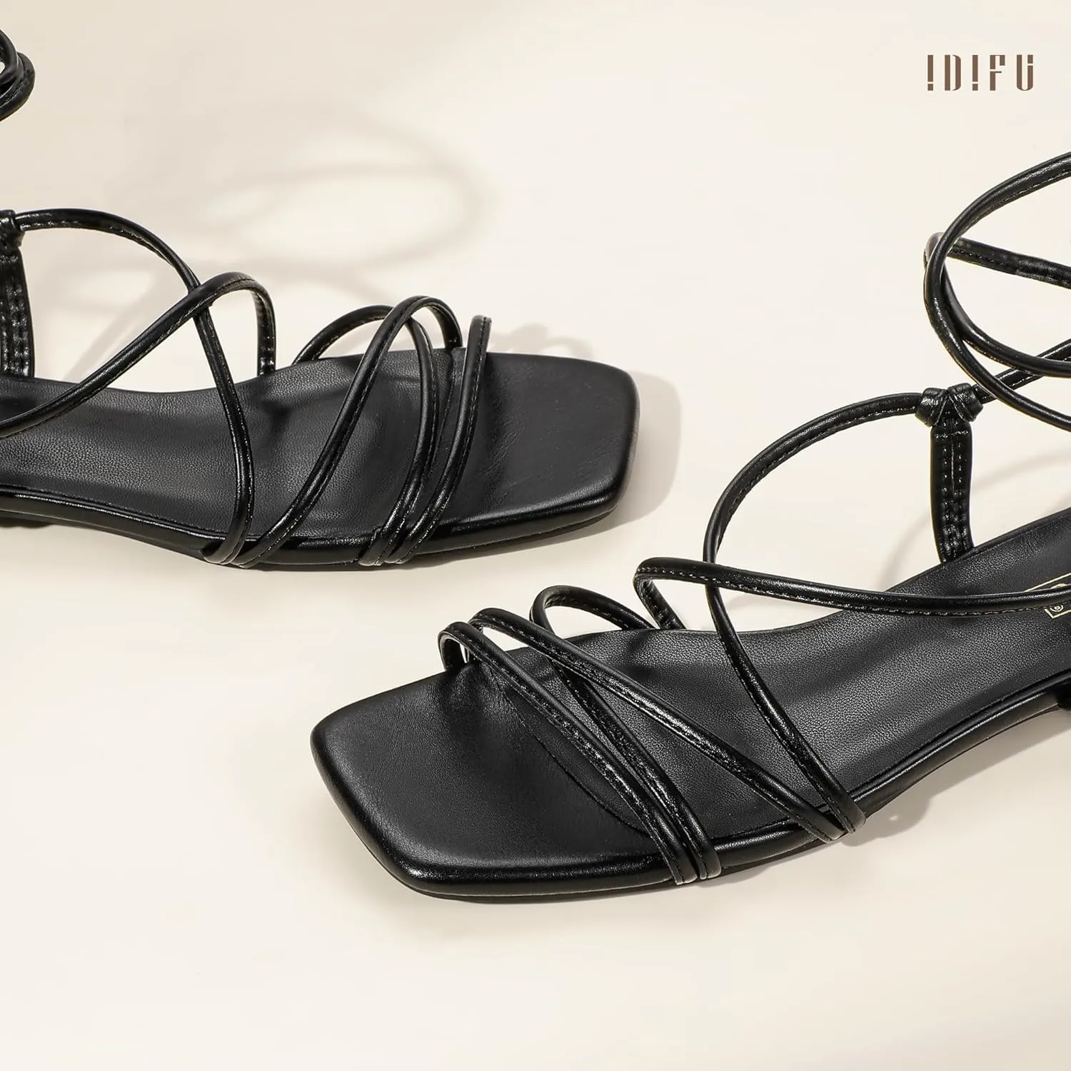 Sandals for Women Tie Up Square Open Toe Ankle Warp Straps Dressy Gladiator Summer Beach Wedding Party Ladies Comfortable Cute Casual Trendy Dress Sandals display IDIFU Strappy Lace Up Flat 