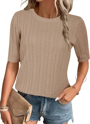 Scalloped Short Sleeve Tops shiny buzz petticoat Textured Shirts Arach&Cloz Women's Summer 