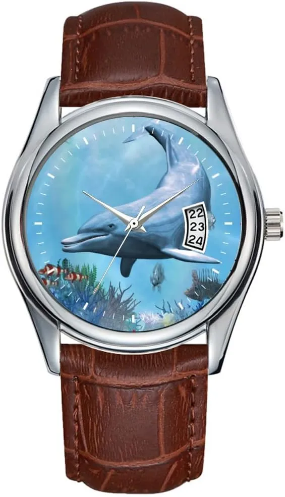 Seascape Wrist Watches Men Watch Casual auspicious crayfish tele sleepy Waterproof Quartz Watches Clock Date Classic Business Brown Leather Christmas Wristwatch Dolphins 