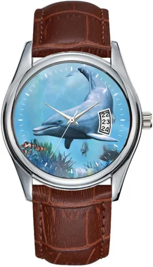 Seascape Wrist Watches Men Watch Casual auspicious crayfish tele sleepy Waterproof Quartz Watches Clock Date Classic Business Brown Leather Christmas Wristwatch Dolphins 