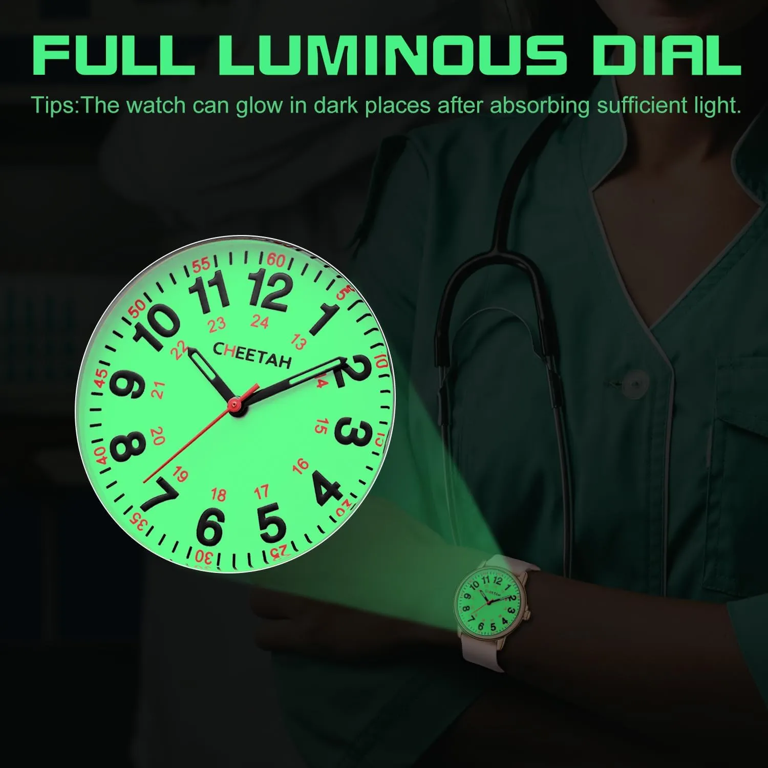 Second Hand 24 Hour, Waterproof unread February tuck pocketbook block Silicone Band Nurse Watches for Men Women Medical Professionals, Students with Luminous Easy Read Dial, 