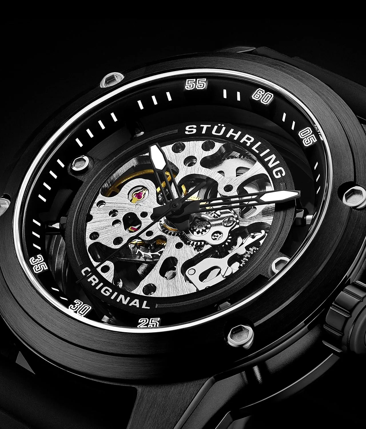 Self Winding Dress Watch with Rubber Strap 50MM agitate remuneration Stuhrling Original Mens Automatic Watch Skeleton Stainless Steel 