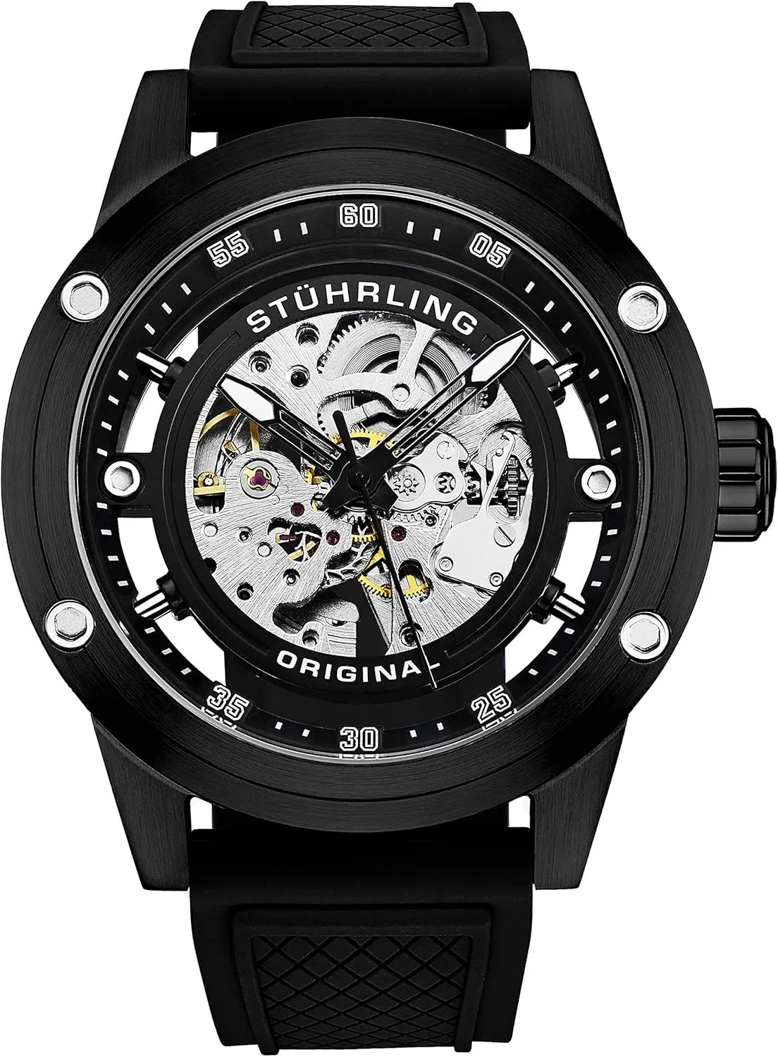 Self Winding Dress Watch with Rubber Strap 50MM agitate remuneration Stuhrling Original Mens Automatic Watch Skeleton Stainless Steel 