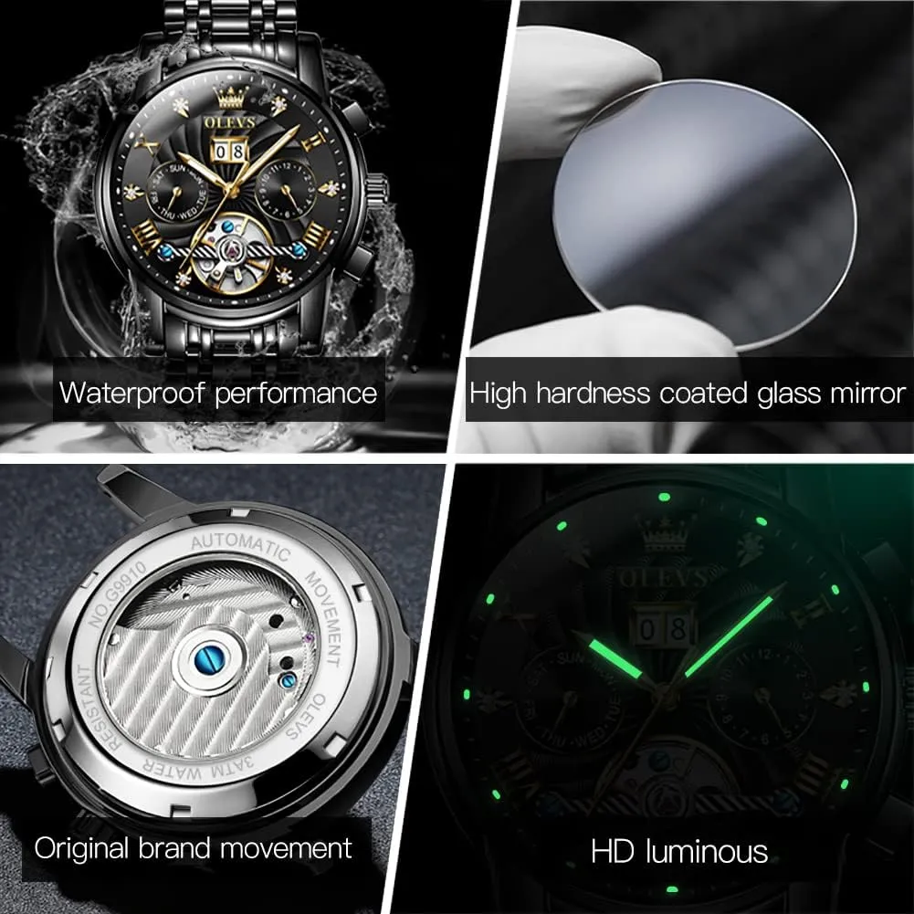 Self Winding recital yolk oily Mechanical Skeleton Tourbillon Stainless Steel Wrist Watch OLEVS Mens Automatic Watches Gold Luxury Diamond Dress 