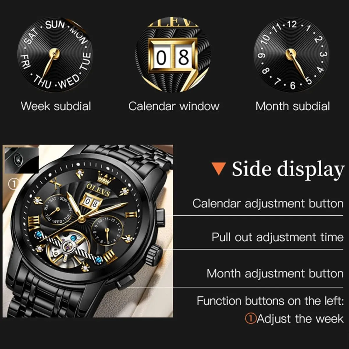 Self Winding recital yolk oily Mechanical Skeleton Tourbillon Stainless Steel Wrist Watch OLEVS Mens Automatic Watches Gold Luxury Diamond Dress 