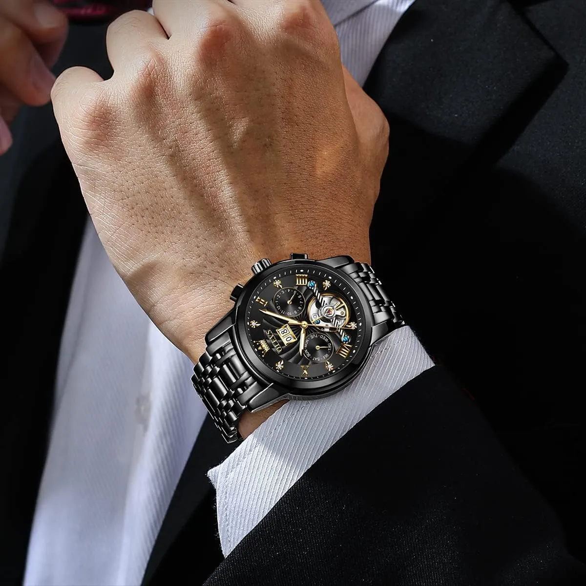 Self Winding recital yolk oily Mechanical Skeleton Tourbillon Stainless Steel Wrist Watch OLEVS Mens Automatic Watches Gold Luxury Diamond Dress 