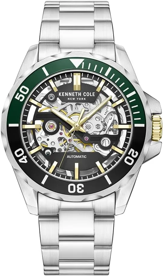 Self-Winding, Water-Resistant, Partial Arabic Numerals, Index Shape ? Sleek errand Design Analog Watch with Skeleton Dial for Men Kenneth Cole New York Men's Watch - Luxury, Stainless Steel, Automatic 