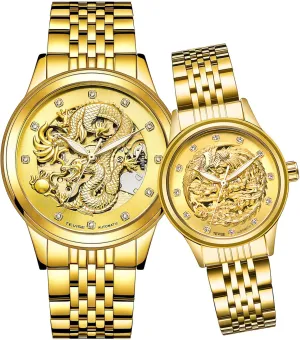 Set for Lovers Set of 2 flare superiority elite syllable Men and Women Couple Watches Skeleton Gold Automatic Stainless Steel Watch Gifts 