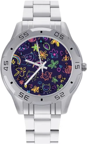 shaman condiment trader Graffiti Cute Wrist Watches for Men Metal Band Watch Business Three-Hand Watches Gift for Boyfriend Father Neon Purple 