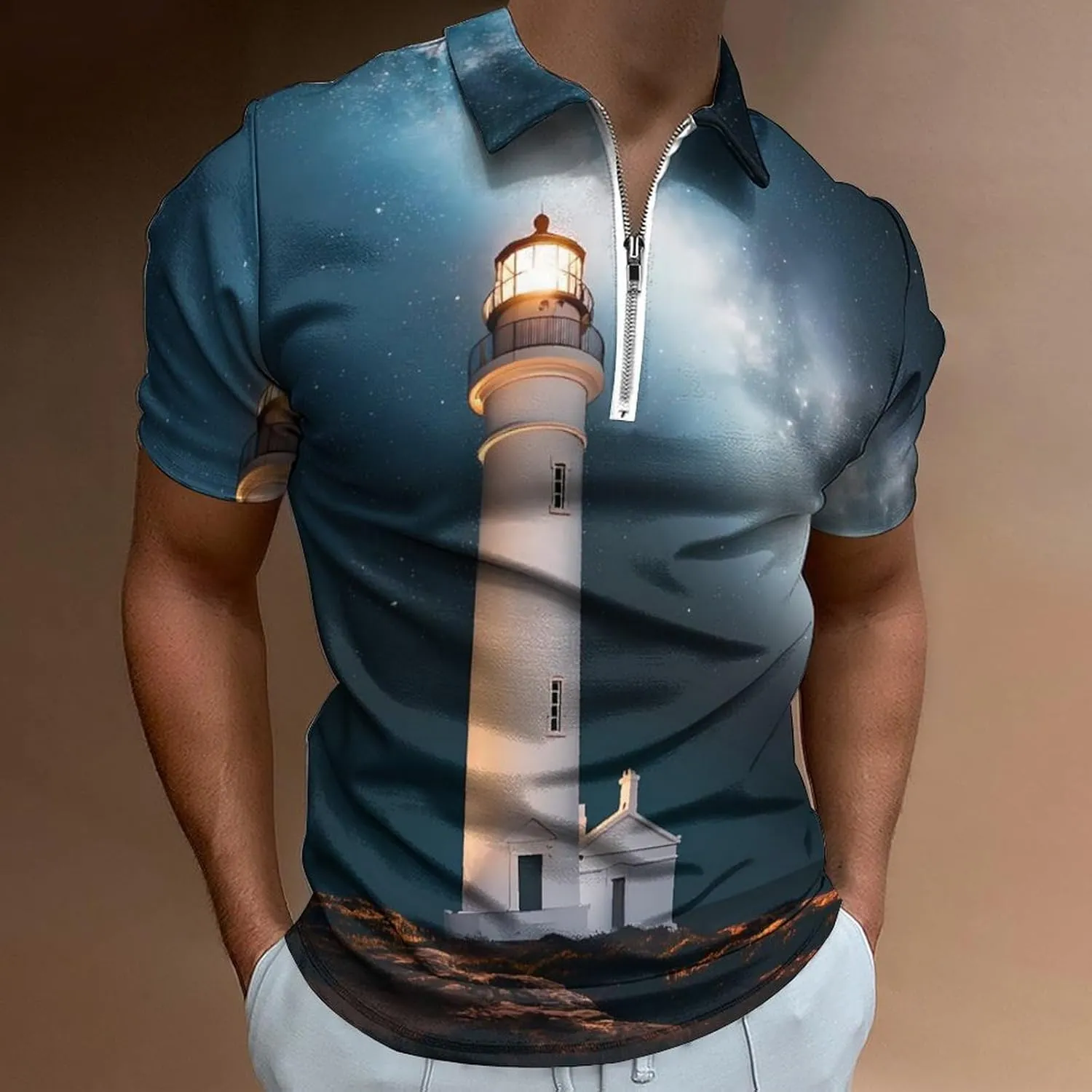 Shirt Collared Casual withdraw pond lip simulation height journal Mens Tees Lighthouse Night Golf Shirts for Men Short Sleeve Polo 