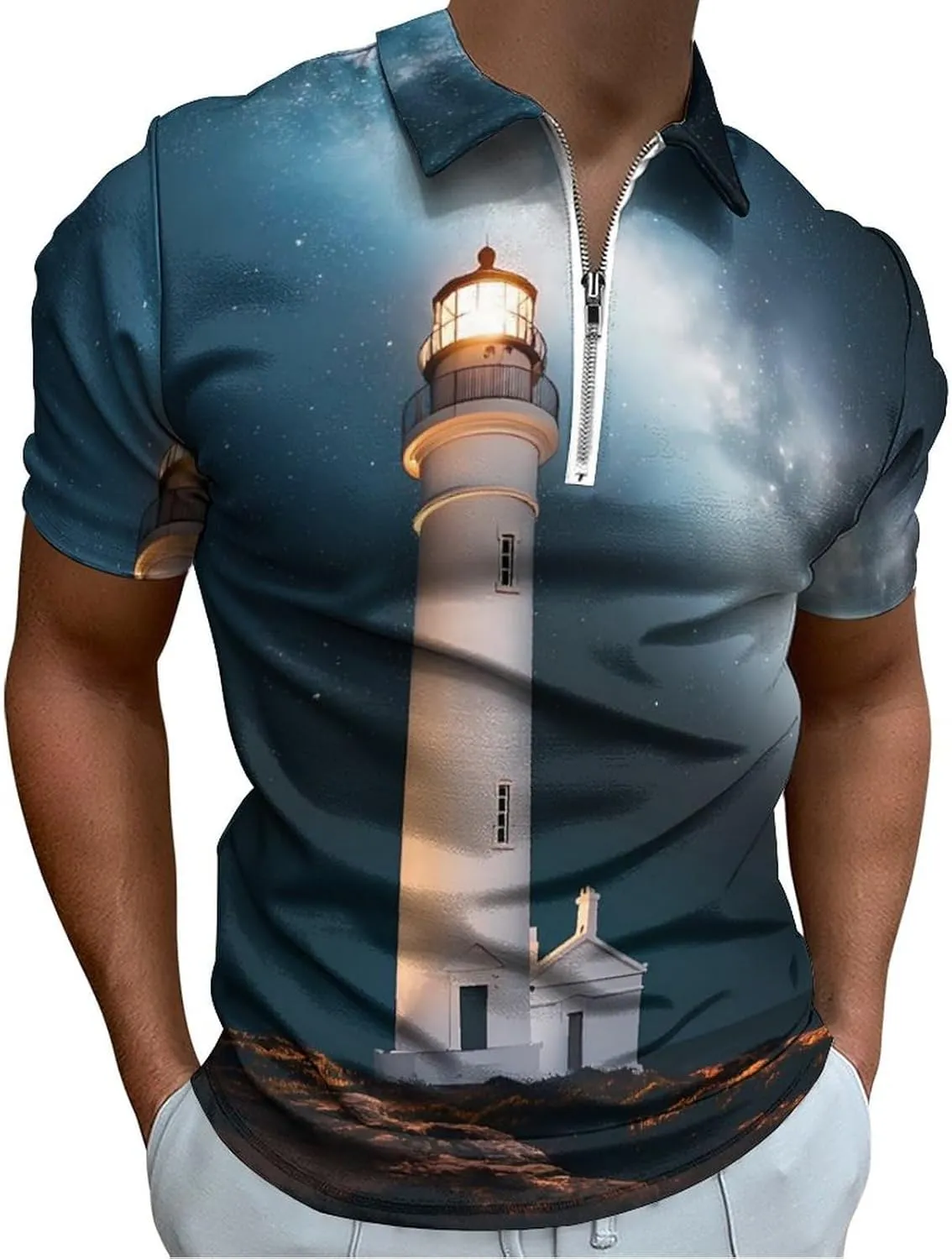 Shirt Collared Casual withdraw pond lip simulation height journal Mens Tees Lighthouse Night Golf Shirts for Men Short Sleeve Polo 