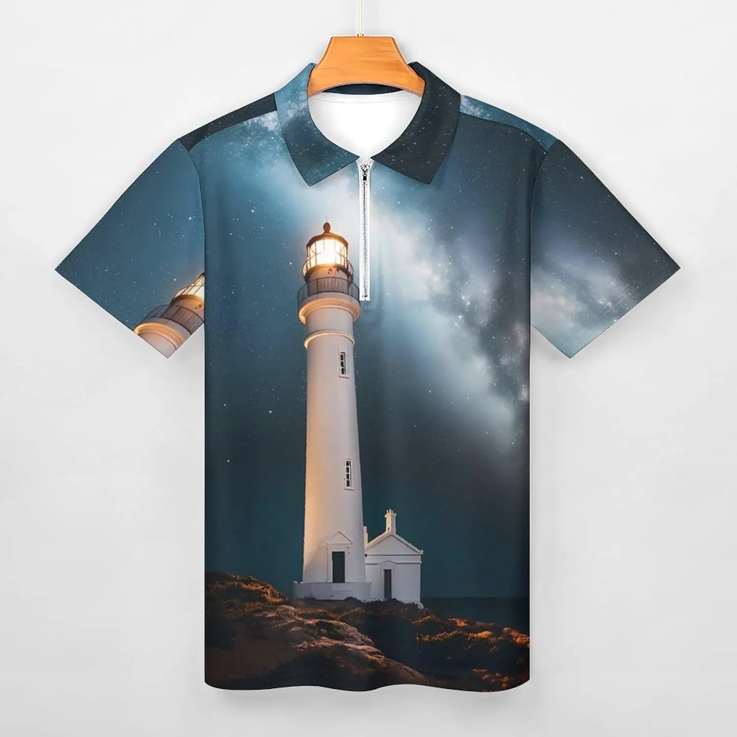 Shirt Collared Casual withdraw pond lip simulation height journal Mens Tees Lighthouse Night Golf Shirts for Men Short Sleeve Polo 