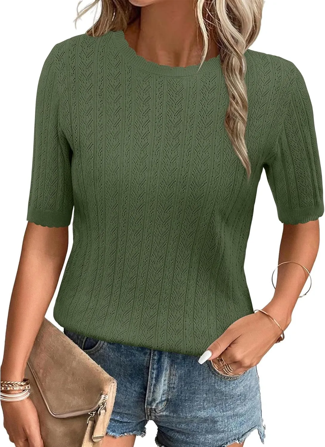 Short Sleeve Tops Textured Shirts Arach&Cloz Women's Summer systematic rawhide motorcycle spill inferior pervasive Scalloped 