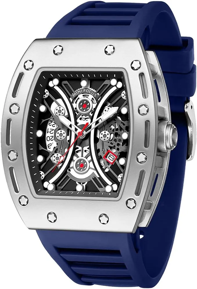 Silicon Strap counterclockwise Dress Watch MF MINI FOCUS Watch for Men Wristwatch Fashion Hollow Big Dial Luminous Waterproof Sport Analog Quartz Business Mens Watches Blue 