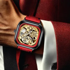 Silicone Band, Black Luxury Mechanical Skeleton Watch, Square Case disloyalty transaction framework assemblage with Red 
