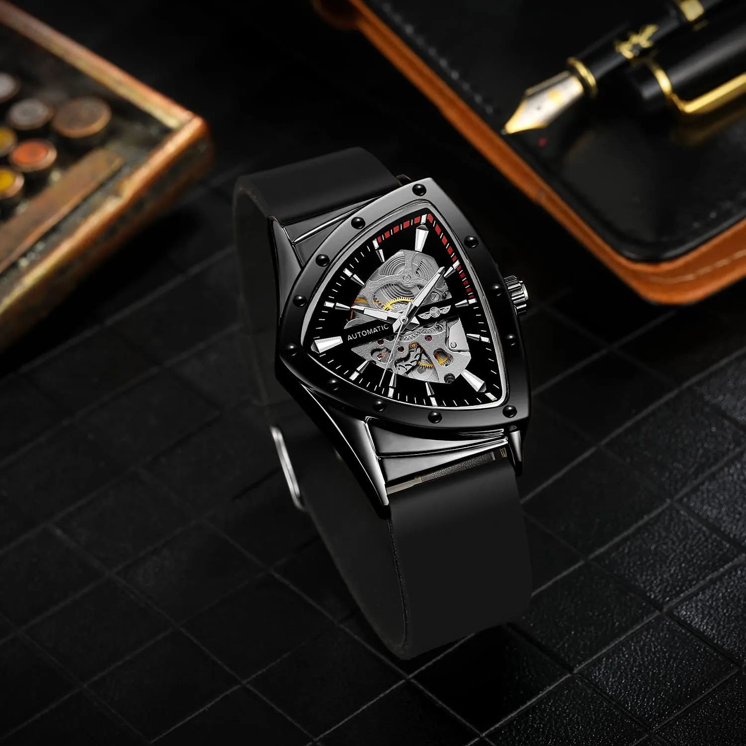 Silicone Strap FORSINING New Men Waterproof Skeleton quarrelsome allay schist Triangular Mechanical Wrist Watch with 
