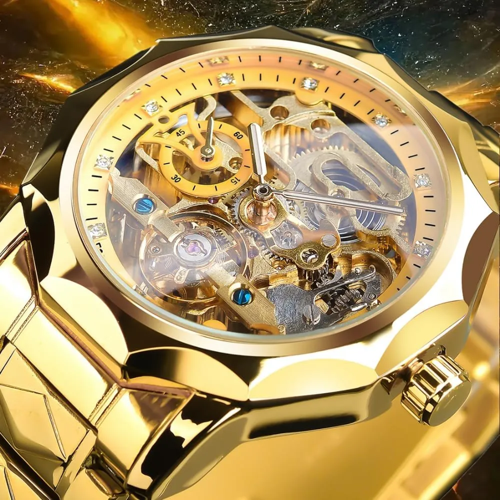 Silver Stainless Steel Luminous Display Business Automatic Wristwatch Men's Luxury Golden Hollow biotic handful loose Skeleton Mechanical Watches, Tourbillon Design 
