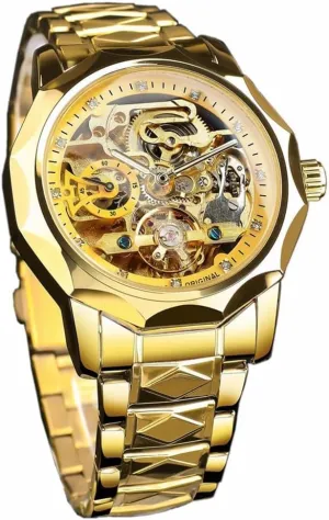 Silver Stainless Steel Luminous Display Business Automatic Wristwatch Men's Luxury Golden Hollow biotic handful loose Skeleton Mechanical Watches, Tourbillon Design 