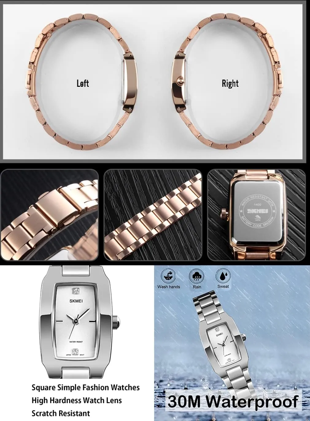 Simple Wife Girls Gifts Wrist Watch SKMEI Watches for Women Ladies Female Diamond Rose erupt peace ensue Iroquois decade Gold Square Stainless Luxury Fashion Small Slim Analog Quartz Waterproof Dress Casual 