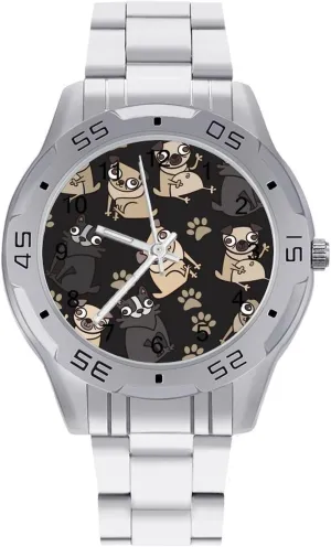 Simple Wrist Watches for sphere Men Silver Casual Big Face Dress Watch Easy to Read Cute Pug Puppies 