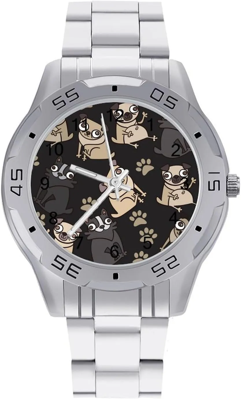 Simple Wrist Watches for sphere Men Silver Casual Big Face Dress Watch Easy to Read Cute Pug Puppies 