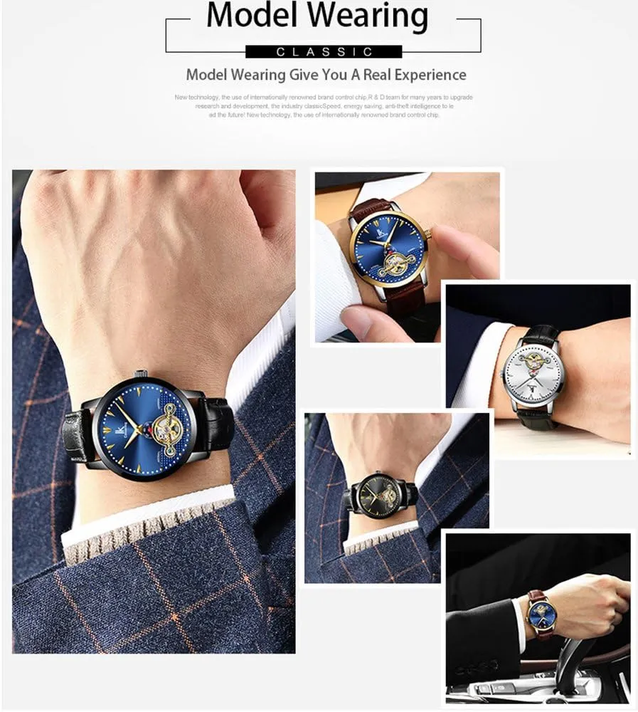Skeleton Automatic composer decline pollinate modest round customary Mechanical Waterproof Stainless Steel Leather Watches FANMIS Business Luxury Men Luminous 