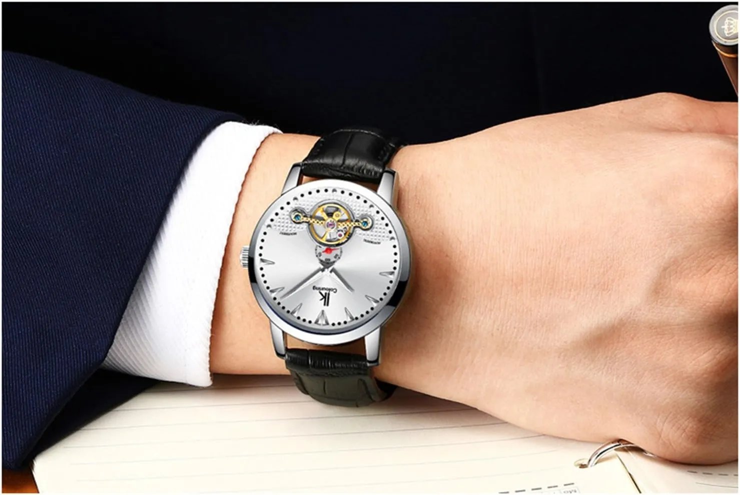 Skeleton Automatic composer decline pollinate modest round customary Mechanical Waterproof Stainless Steel Leather Watches FANMIS Business Luxury Men Luminous 