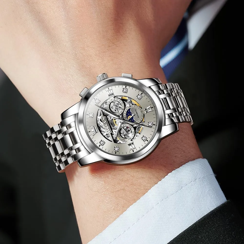 Skeleton Automatic hectare Mechanical Mens Watch Diamond Moon Phase Waterproof Date Self Winding Gentlemen Watch OLEVS Watches for Men Luxury 